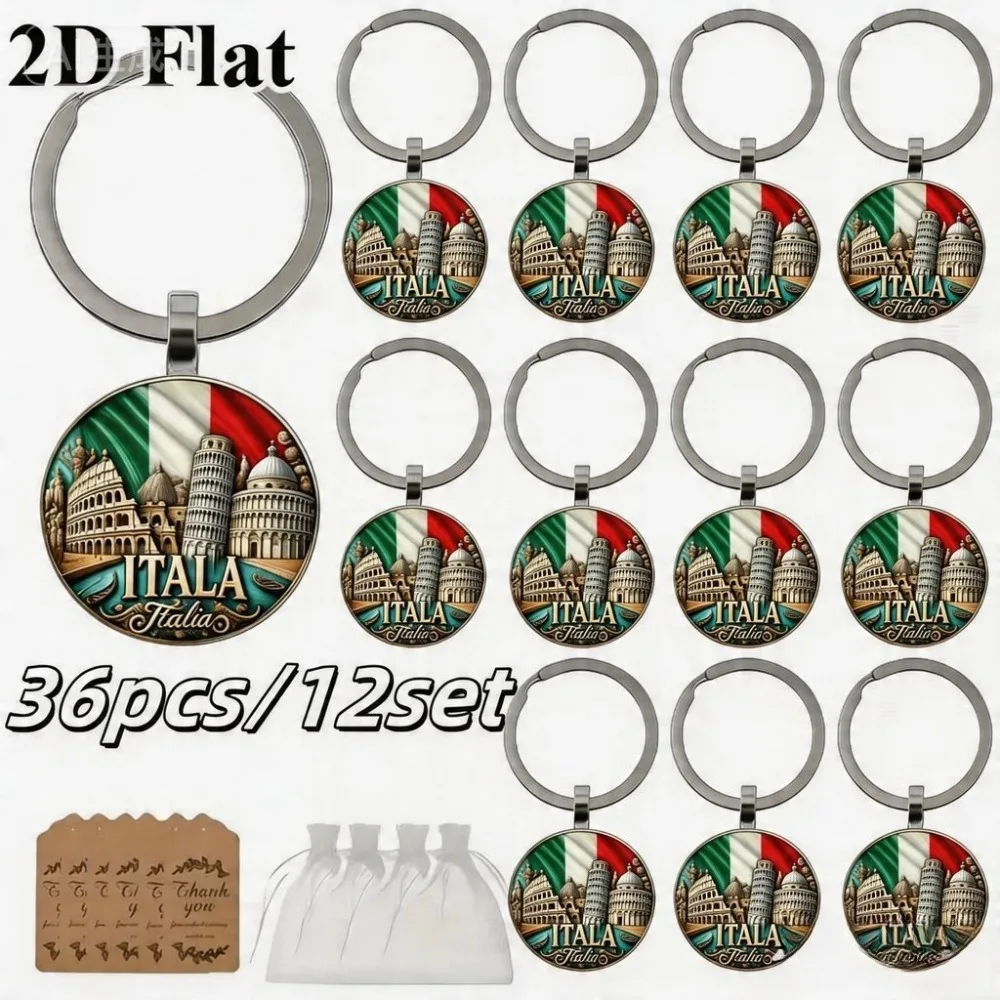 6/12/24 Sets Italienische Schlüsselanhänger mit Rom-Kolosseum, Schiefsturm und Flaggenfarben, mit Karte & Musselin-Beutel, Hochzeitsgeschenke für Gäste – Detail 1