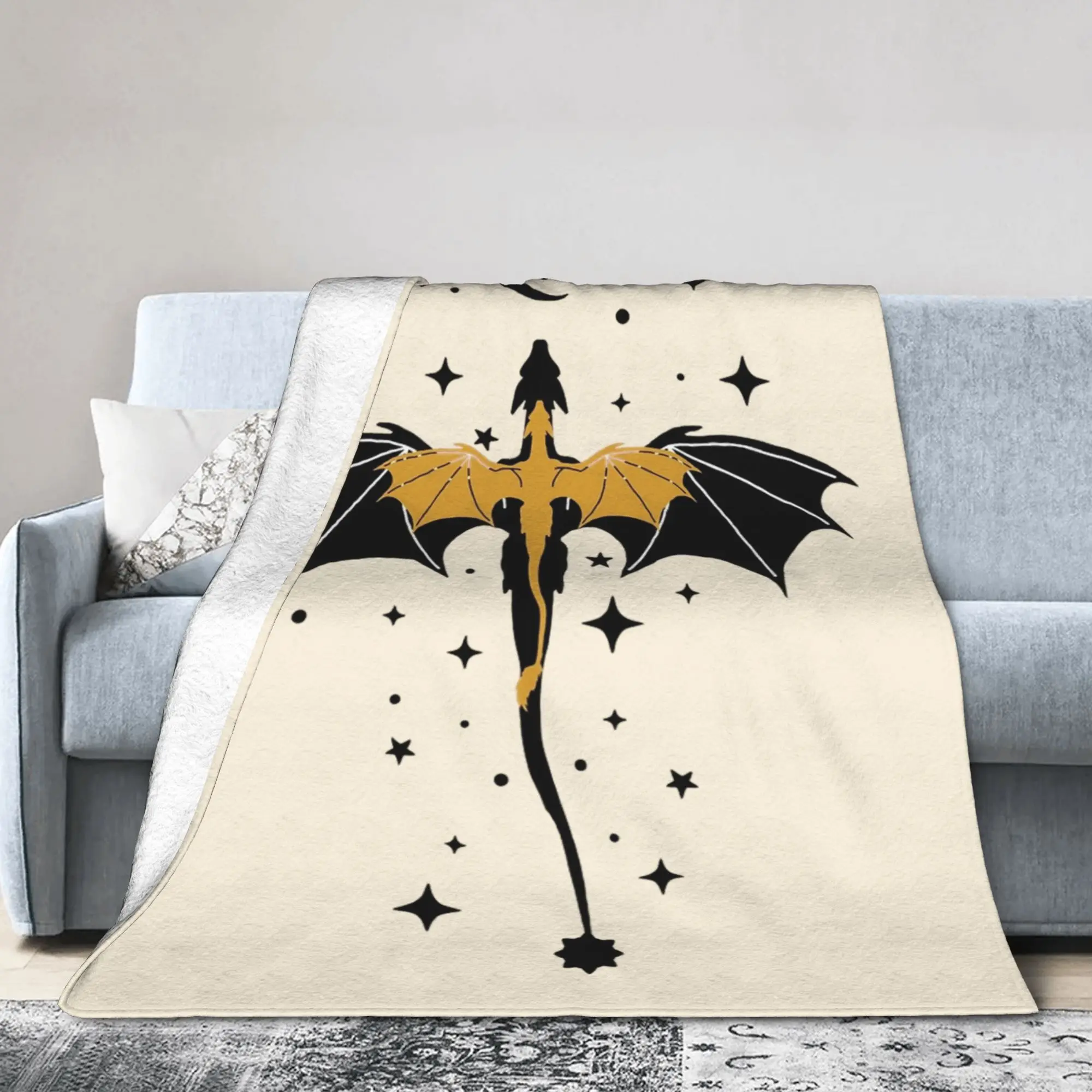 Black and Gold Starry Dragons Fourth Wing Blankets Velvet Autumn/Winter Super Warm Throw Blanket for Sofa Plush Thin Quilt
