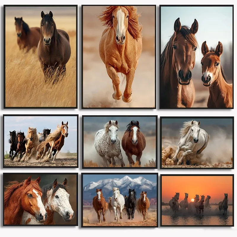 Galloping Horses Canvas Print Wild Mustang Foal Portrait in Field Equestrian Wall Art for Living Room Rustic Home Decor Gift