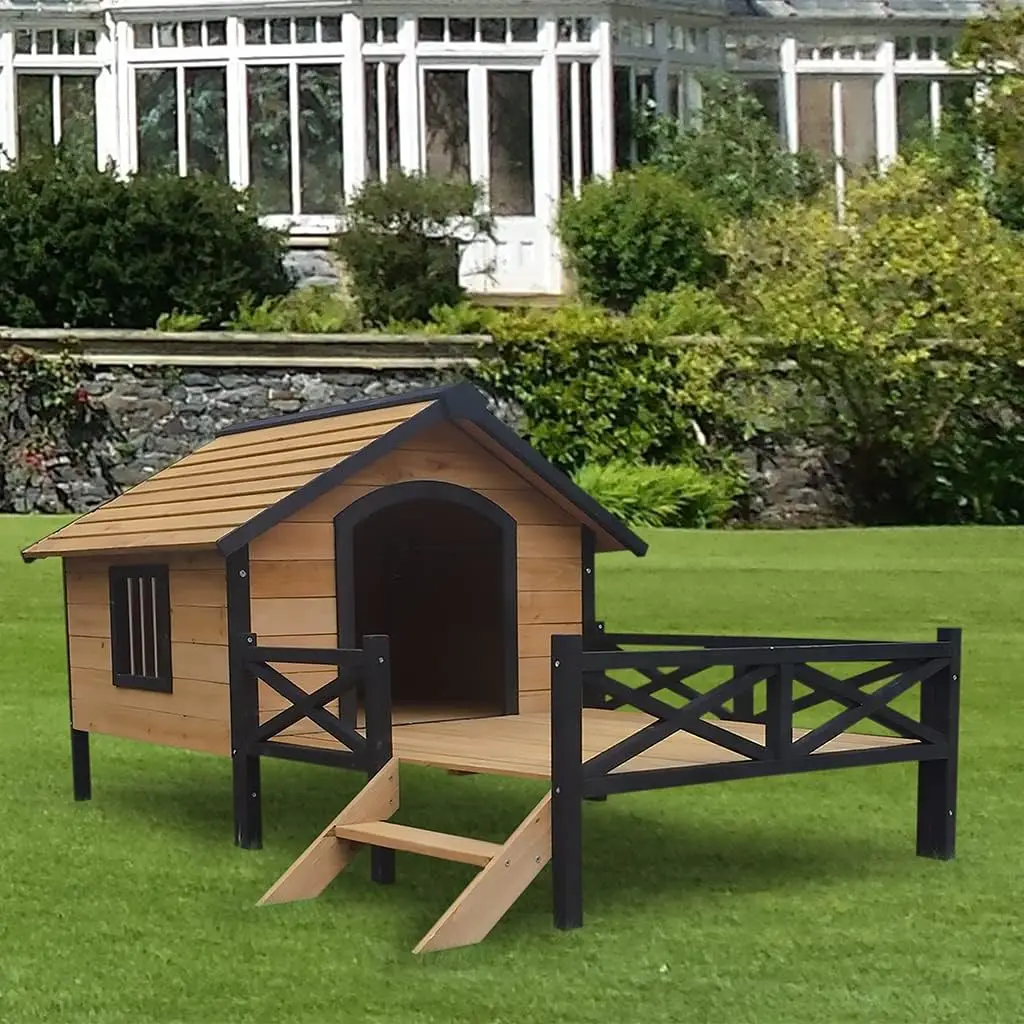 Wooden large dog house, weather resistant outdoor pet cabin, cabin style elevated pet shelter with porch deck