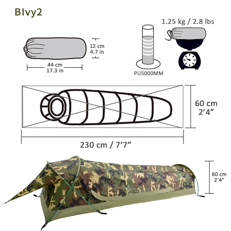 Imagem -02 - Única Pessoa Camuflagem Túnel Tenda Acampamento ao ar Livre Portátil Leve Impermeável Nylon Tecido Pólo de Alumínio Zíper Duplo