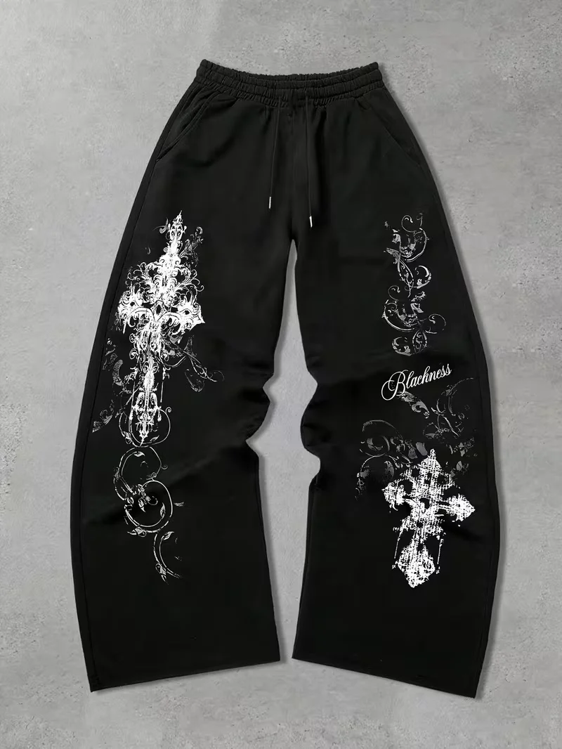 Retro Cross Pattern 3D Black Sports Pants Men's Dark Aesthetics Gothic Loose Wide Leg Pants Elastic Waist Street Casual Pants