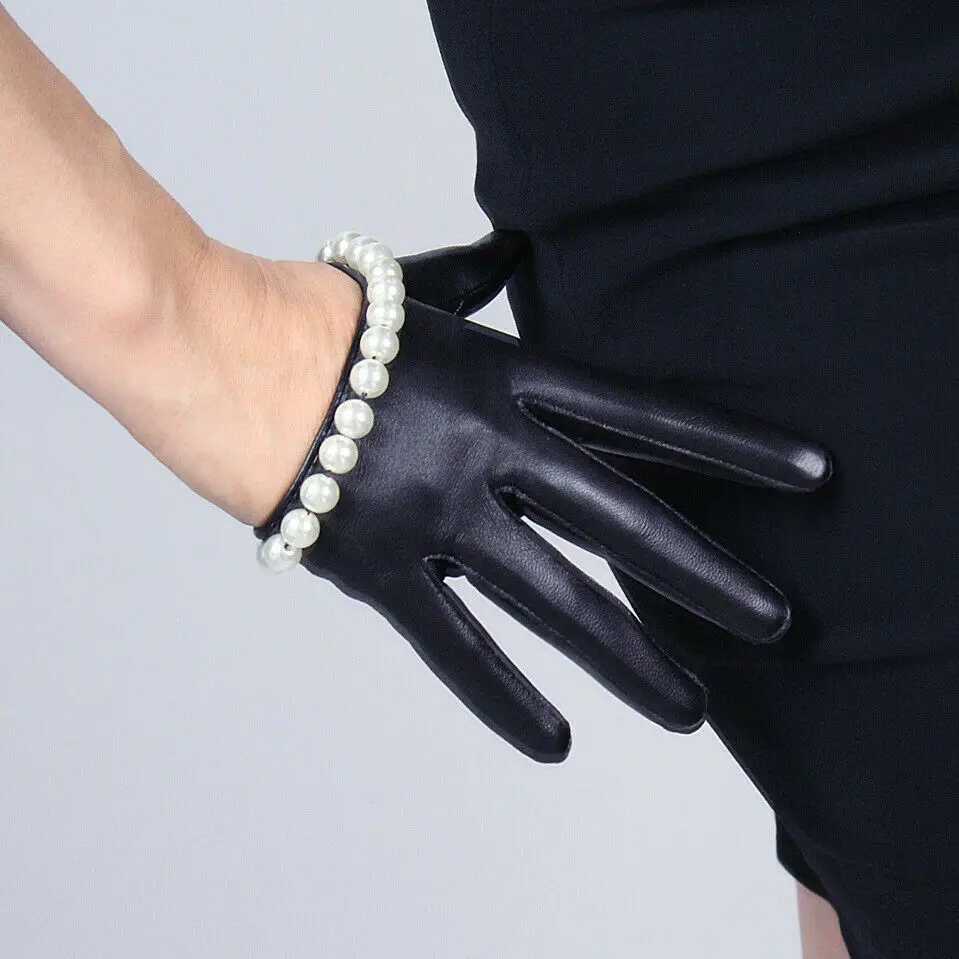 TECH Fashion GLOVES Real Leather Extra Short Crop Black Lambskin Sheepskin White Pearl Touchscreen Evening Dressing Party