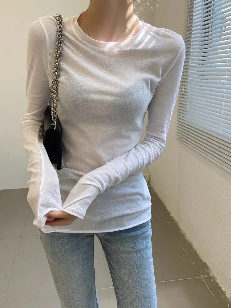 White Thin Long Sleeve round Neck T-Shirt Women Summer Sexy Slim Fit Sweet And Spicy Style Inner Wear Sun Protection Shirt Top