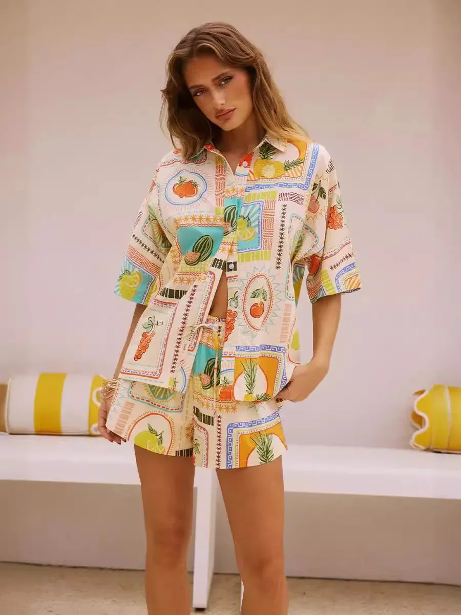 Casual Fashion Print Graphic Short Sleeve Shirt Blouse Top Loose Holiday Shorts Suit Women 2 Piece Set Summer Beach Outfits New