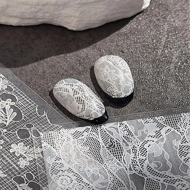 الدانتيل مانيكير الشارات الأظافر الديكور الدانتيل تنقش/رقائق الأظافر المسطحة أسود أبيض نقل ورقة مثير مسمار الفن ملصقات شريط