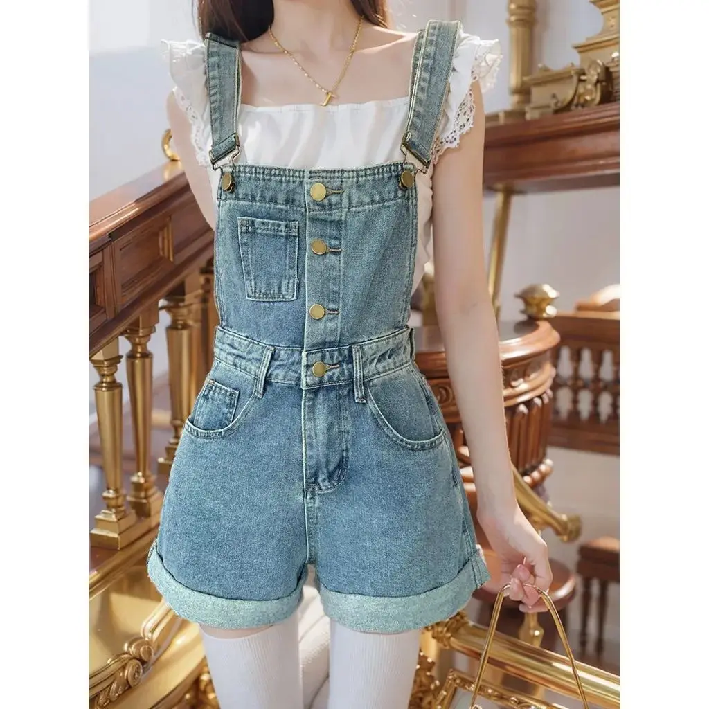 

Summer New Style Slimming Versatile Loose Denim Overalls Women's Open Seam A-Line Wide Leg Hot Shorts Casual High Waist Jeans