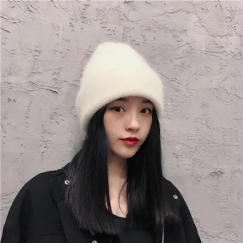 Luxury Women Rabbit Skullies Knitted Beanie Hat - Hip Hop Wool Caps