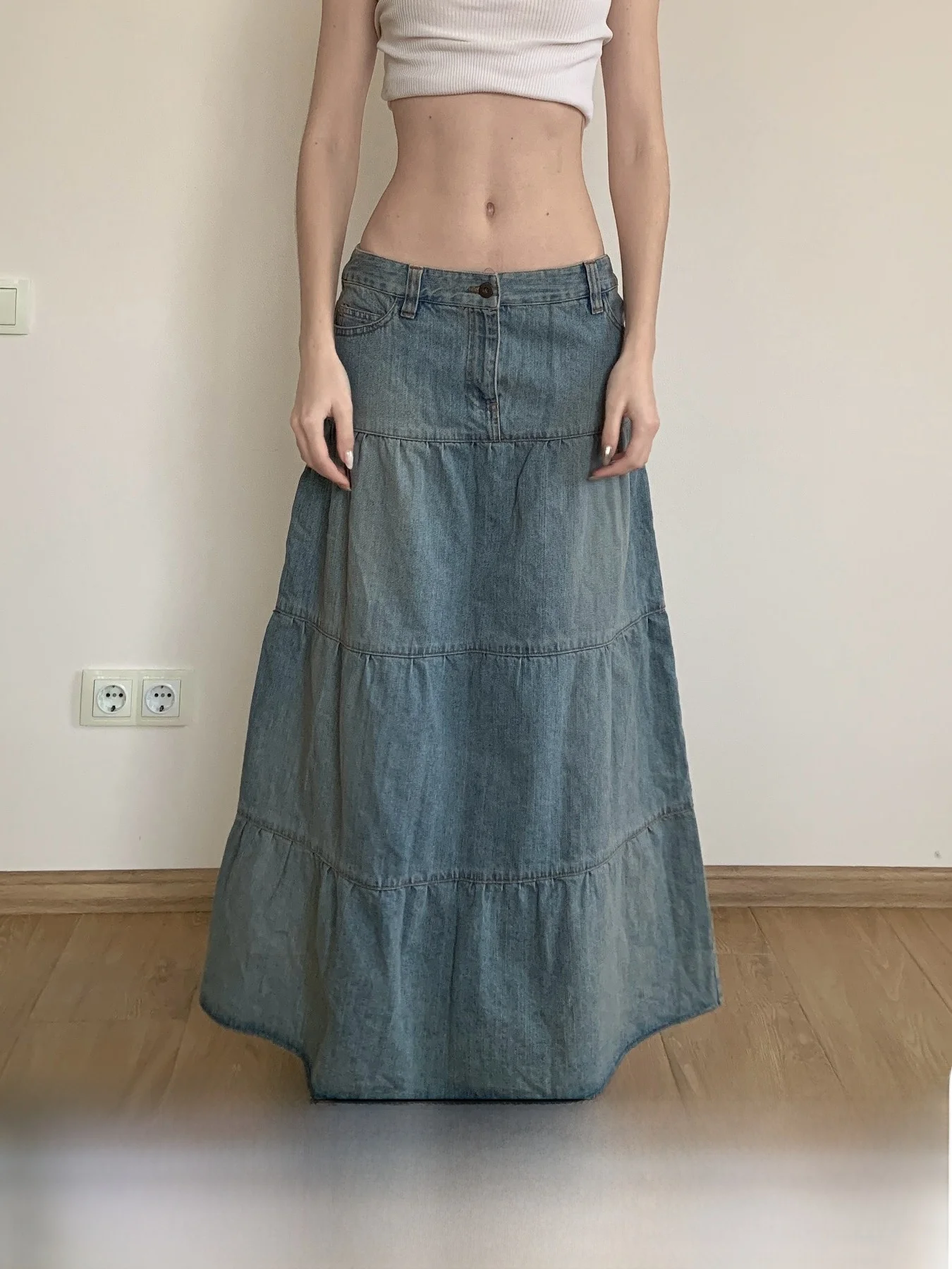 AOMR الأمريكية الرجعية Waed الدنيم مظلة تنورة f طول المرأة ature عطلة منخفضة الخصر ألف خط تنورة طويلة #1