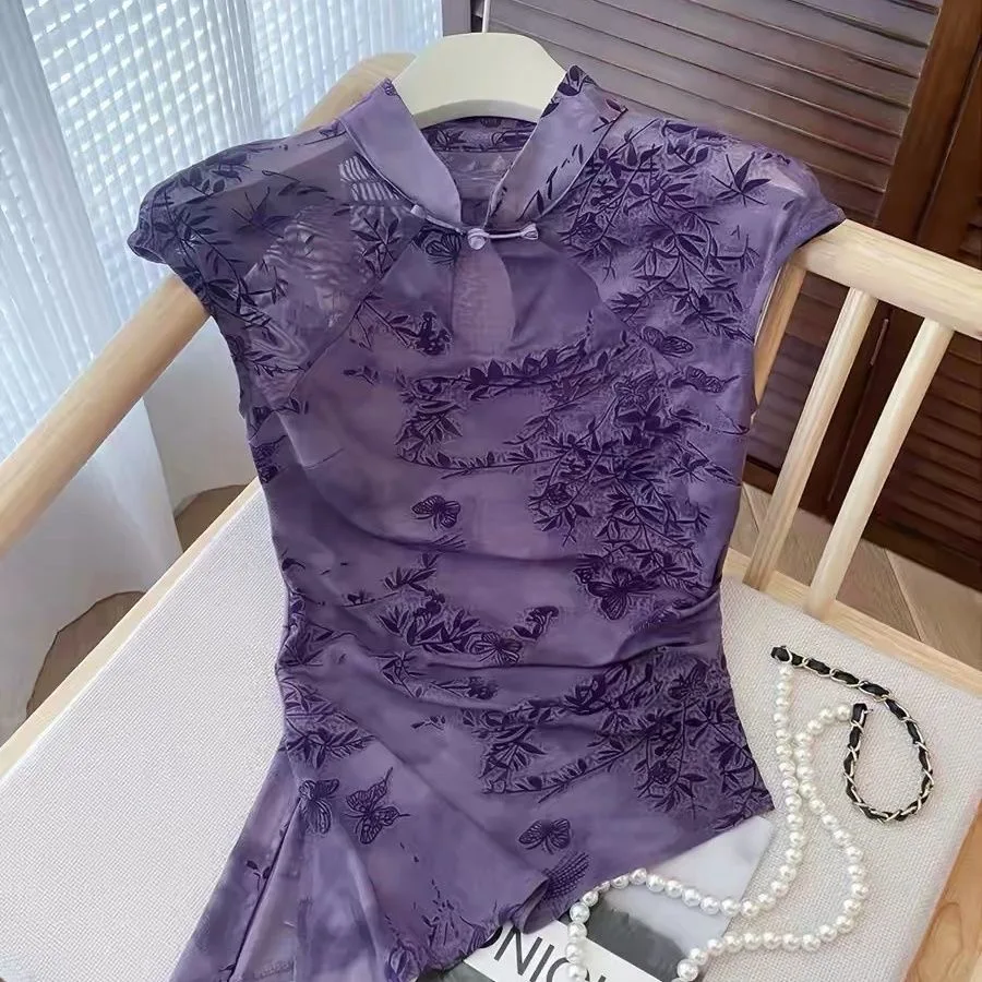 New Chinese Style Retro Stand Collar Short Sleeve Women's Chiffon Shirt Purple Button High End Feeling Versatile Top