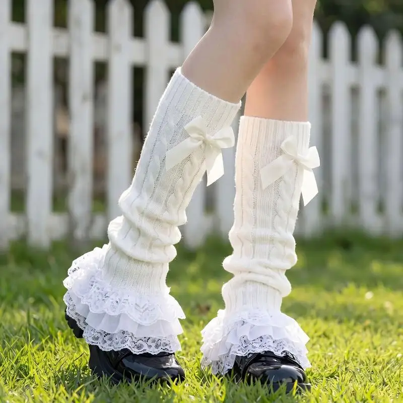Kawaii Aesthetic Lolita Leg Warmers Ruffled Lace Bowknot Knit JK Boot Cuffs for School Uniform Match
