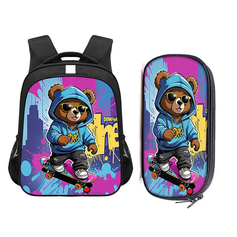 2pcs Set Cute Graffiti Female Bear Doll Print Backpack Boys Girls School Bags Student Bookbag Pencil Box School Supplies Gift