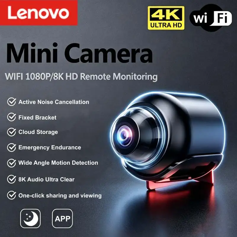 Lenovo Wireless Camera 4K HD Surveillance Security Video Cam Night Vision Motion Detect Camcorder Full Color Monitor Smart Home