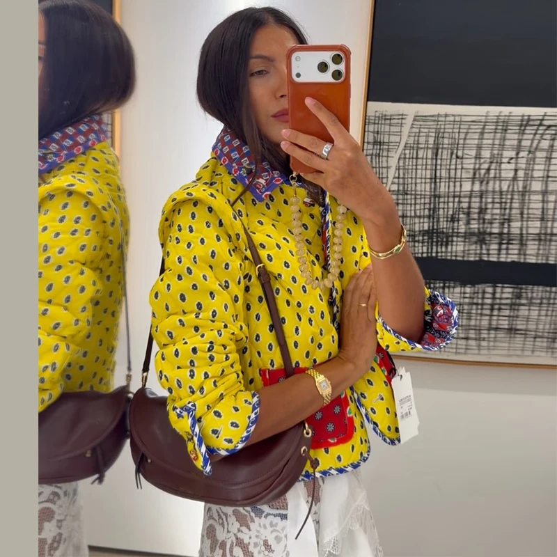 Reversible Jacket Retro Print Color Block Coat Woman Lapel Collar Top Striped Patch Pocket Outerwear Winter Autumn Clothes