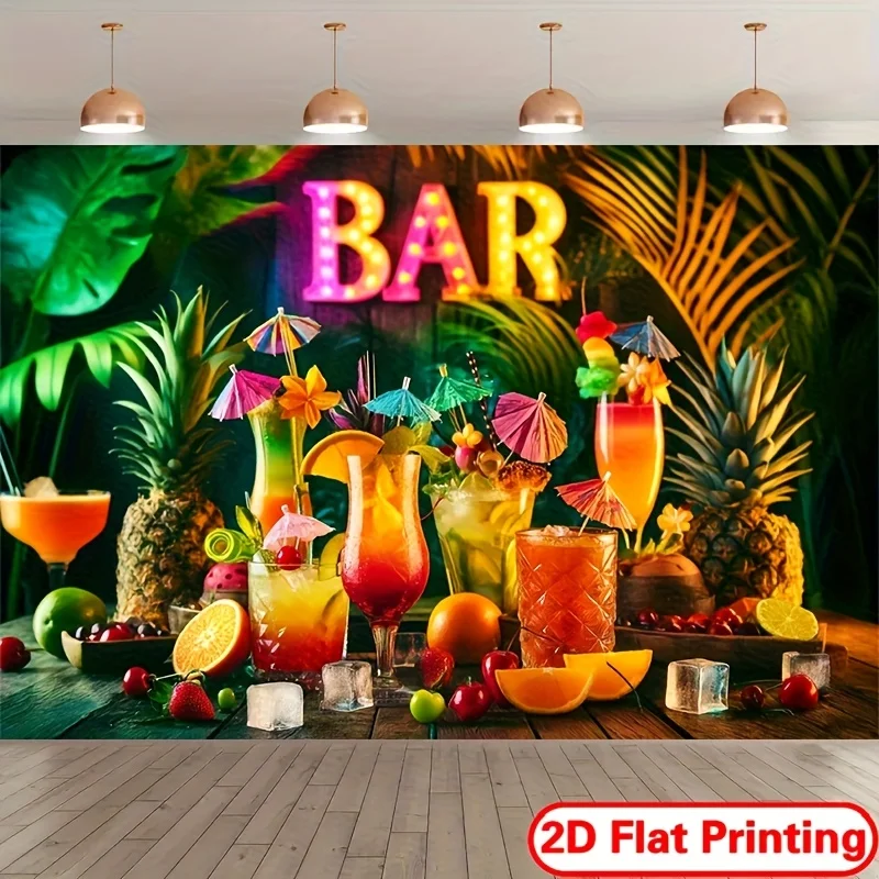 Tropical Bar Decor Tapestry Wall Art Tiki Drink Scene Jungle Background Print Poster Polyester Home Party Decoration Gift