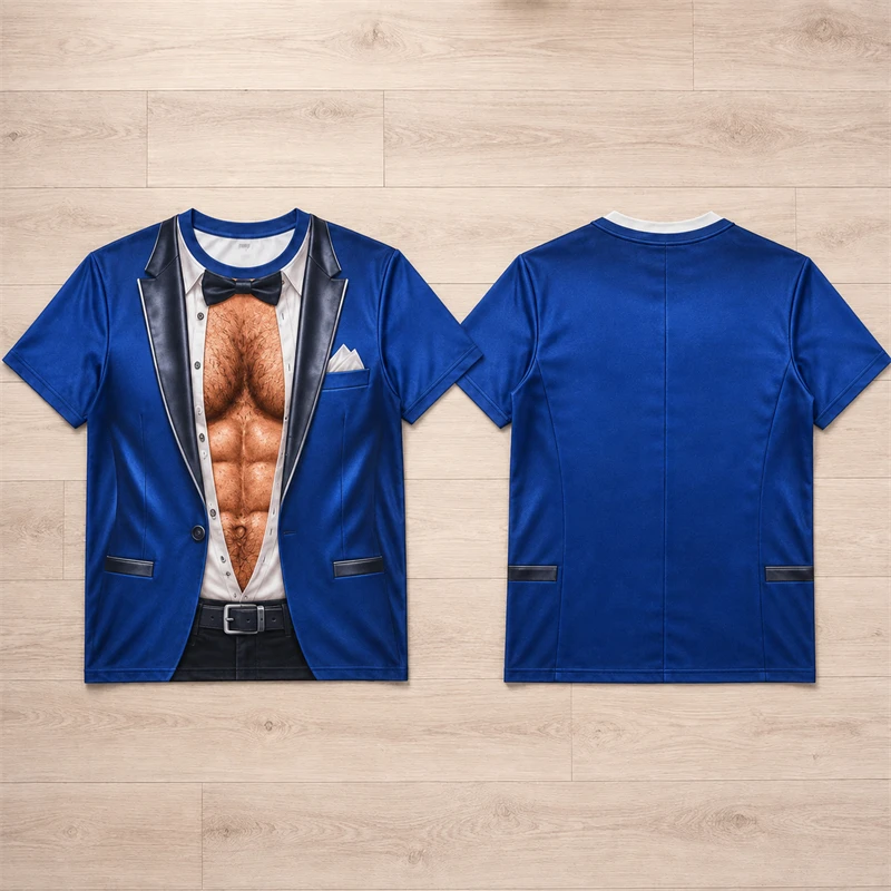 Fashion 3D Visual Fake Suit Muscle T Shirt For Men Tuxedo Print Short Sleeve Crew Neck Tee Novelty Streetwear Casual Summer Tops