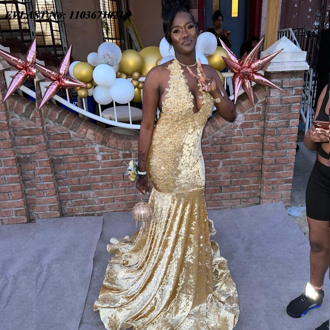 

EVLAST Gold Mermaid Prom Dress For Black Girls Velvet Lace Diamond Crystals Beaded Formal Party Gala Gown Robes De Soiree P28