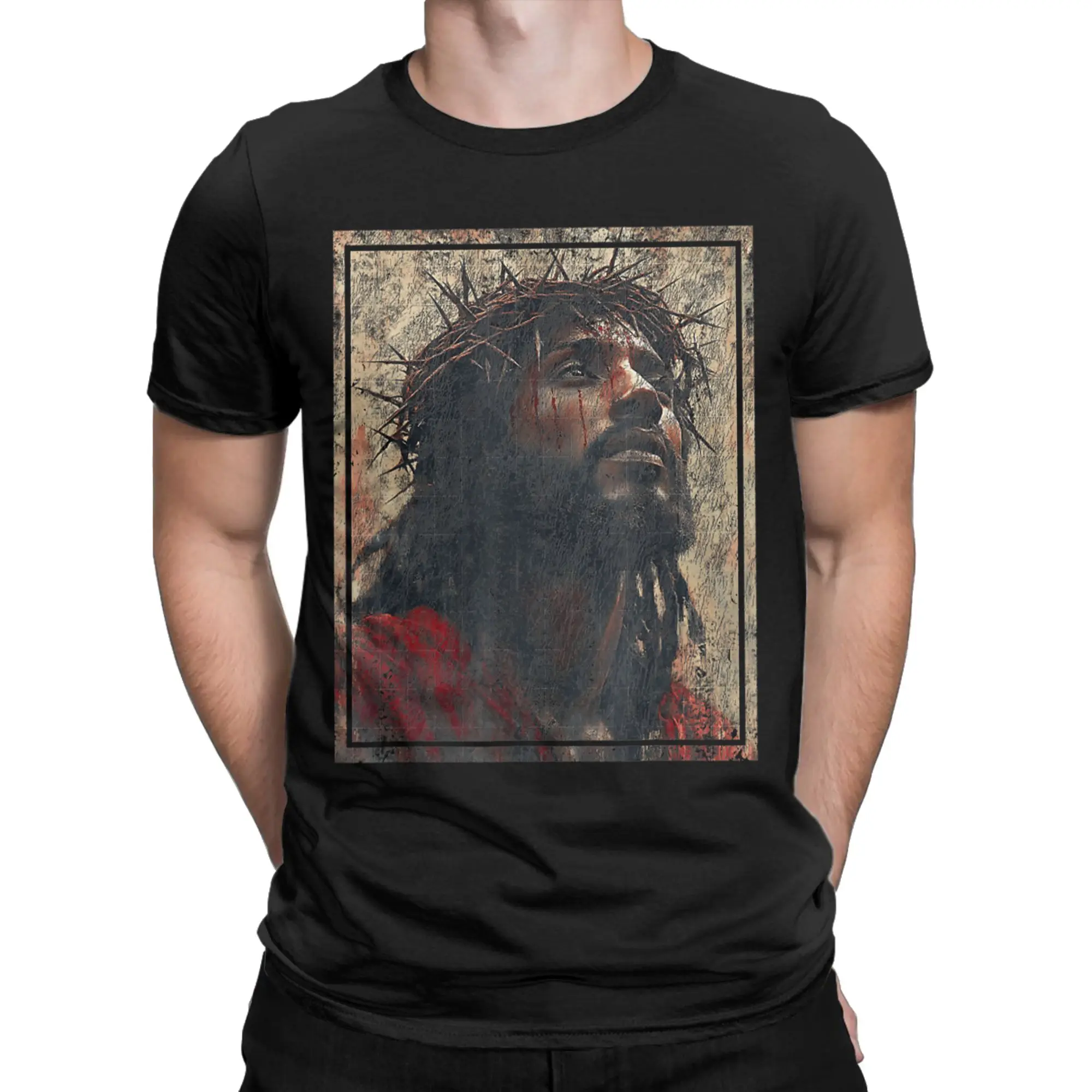 Men's Portrait of Jesus Crown of Thorns T Shirt Cross Christian Cotton merch Fashion Short Sleeve O Neck Tee New Arrival T-Shirt