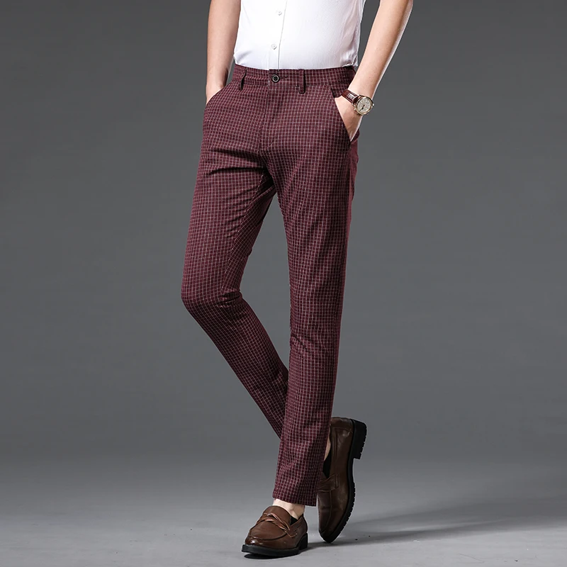 2024 New Plaid Casual Business Trousers Men Fashion Stretch Suit Brand Straight Slim Korea Black Blue Grey Wine red Pants 30-38