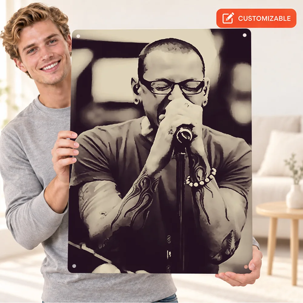 Linkin Park Vocalist Printed Poster Personalized Aluminum Metal Sign Sepia Photography Wall Art For Home Studio Music Lover Gift