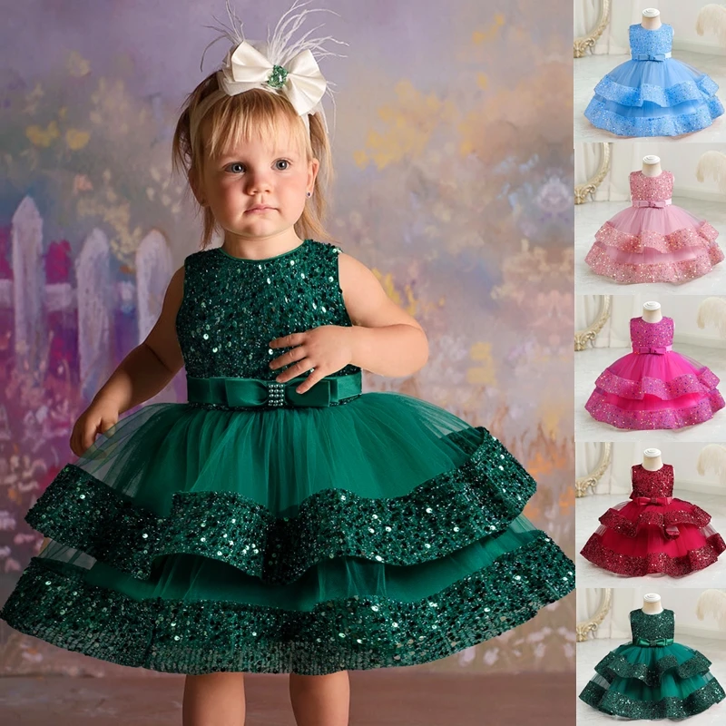 Abiti da bambino per feste di compleanno con paillettes 1 ° battesimo vestito da bambino senza maniche in Tulle vestito da principessa da sposa