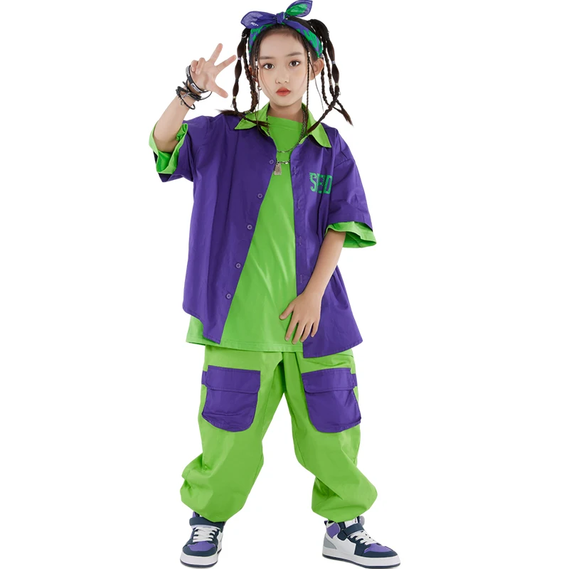 2023 Hip Hop Dance Costume Purple Shirt Coat Green Cargo Pants Girl Boys Jazz Performance Outfit Fashion Kids Clothing BL10632