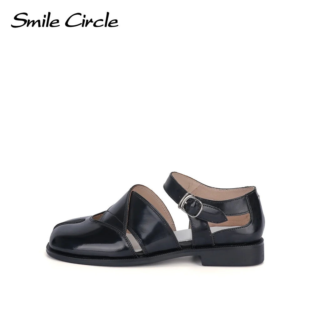 Smile Circle Women's Flats Cowhide Black Novelty Flats Fashion New Style Sheepskin Casual Flat Shoes