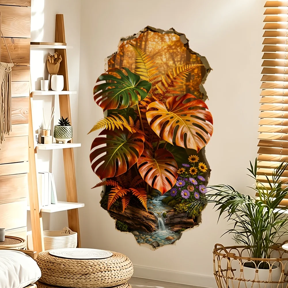 2D flat design, a tropical Monstera deliciosa forest stream wall sticker with a broken wall, a retro autumn-themed green plant w