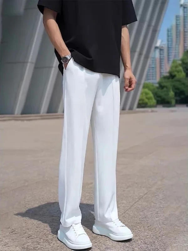 

Белые корейские мужские летние тонкие брюки прямого кроя, струящиеся, повседневные, деловые, длинные, однотонные, стильные