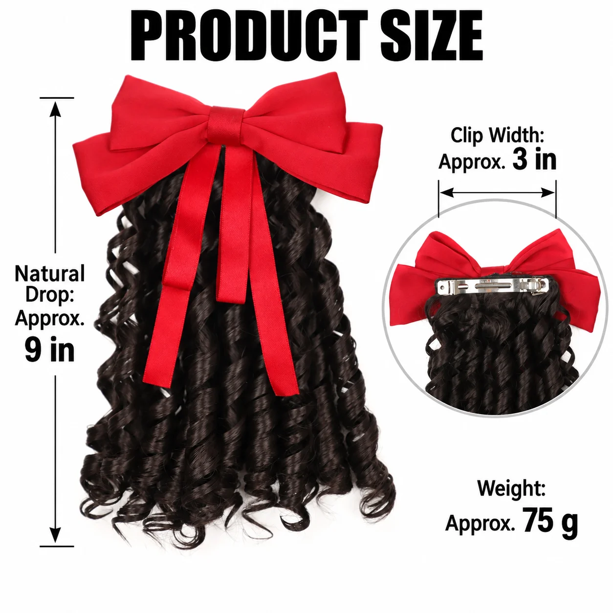 Bow Curly Hair Extensions for Girls 9 Inch 75g Clip In Hairpiece Ribbon Bow Hair Accessory for Daily Wear Events and School Days