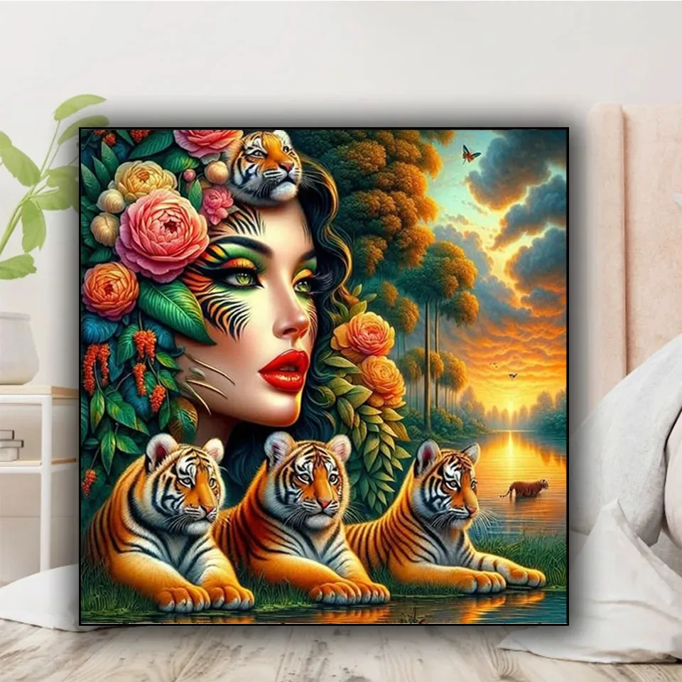 

Woman Tigers Diamond Painting 5D DIY Jewelry Cross Stitch Full Square Round Diamond Mosaic Rhinestones Animal Home Decoration,