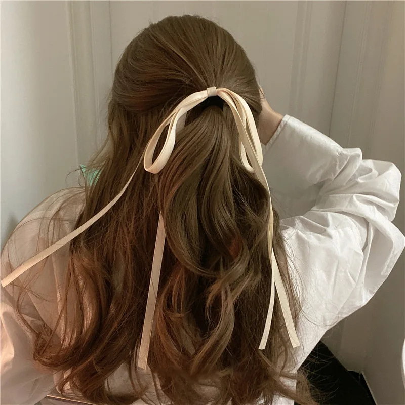 Fashion Ribbon Bow Hair Rope for Women White Black Long Tassel Elastic Rubber Band Sweet Girl Ponytail Ties Headwear