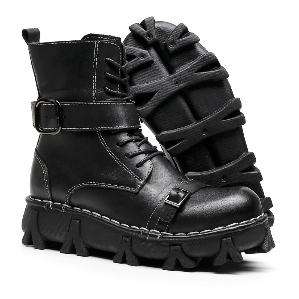 Fashion Men's Genuine Leather Motorcycle Boots Goth Punk Winter Western Riding Skull Buckle Strap Mid-calf Combat Boots Platform