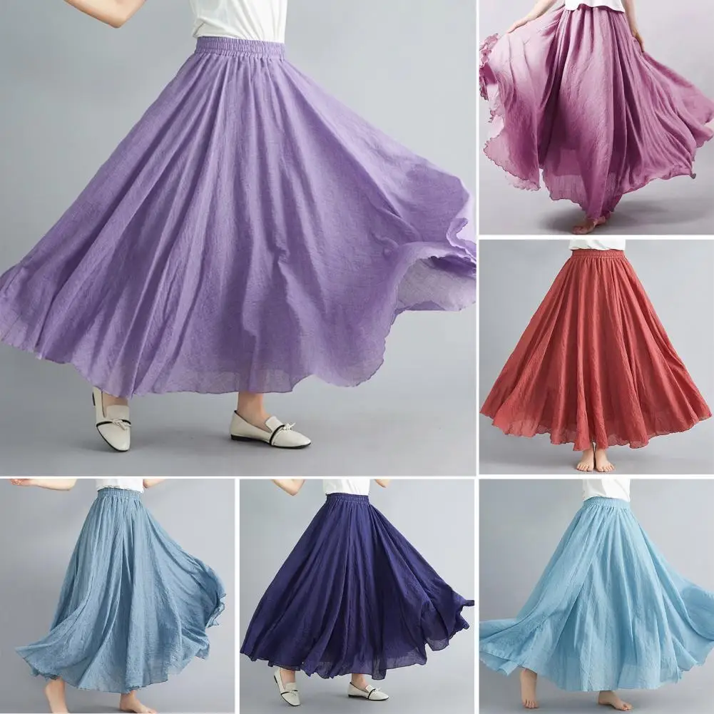 

A-Line Elastic Waist High-Waist Women Skirt Solid Color Large Hem Maxi Skirt Streetwear