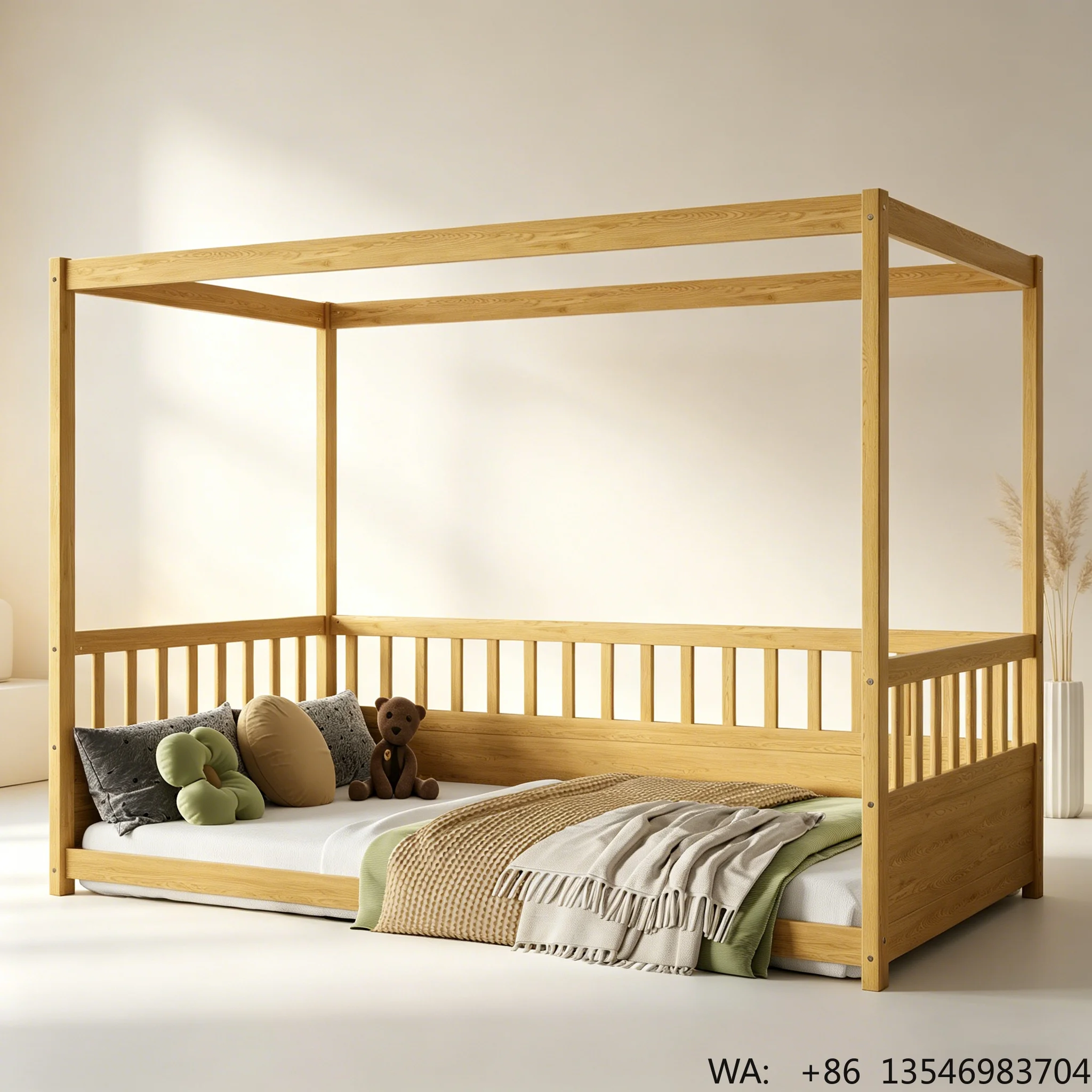Twin Size Wooden Canopy Floor Bed with Guardrails, Montessori Four Poster Bed Frame for Kids Boys Girls