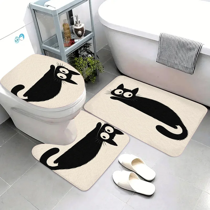 Cute Cat Family Bathroom Mat Set 3 Pieces Toilet Rug Bath Mat Slippers Novelty Home Decor