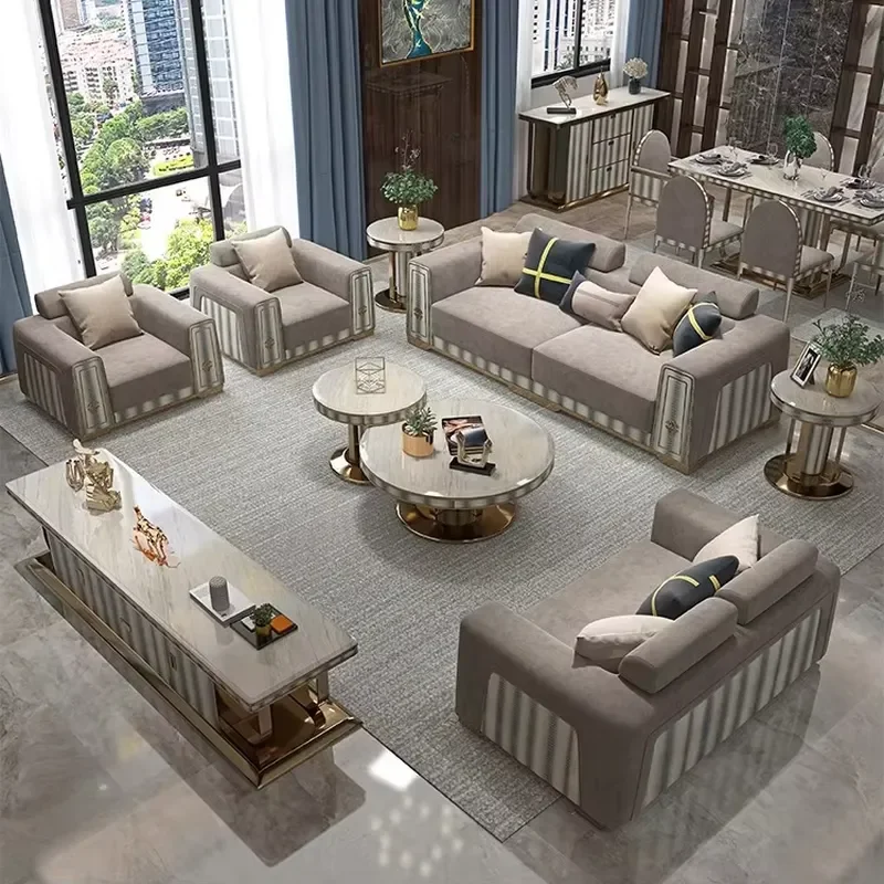 High End Custom Modern Light Sectional Sofa Set Plush Velvet for Living Room & Basement Furniture