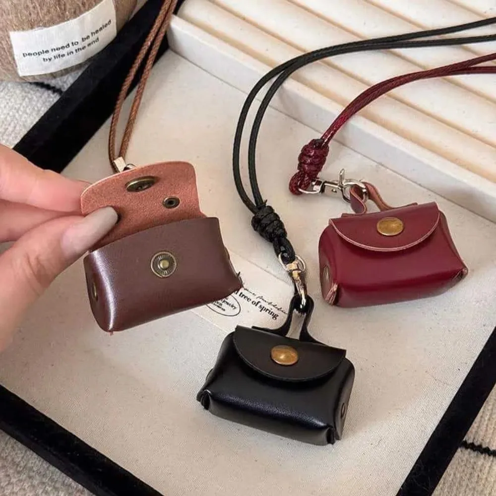 Mini and Compact Leather Hanging Neck Coin Purse Necklace Niche Design Headphone Bag Long Sweater Chain Accessory Women Men