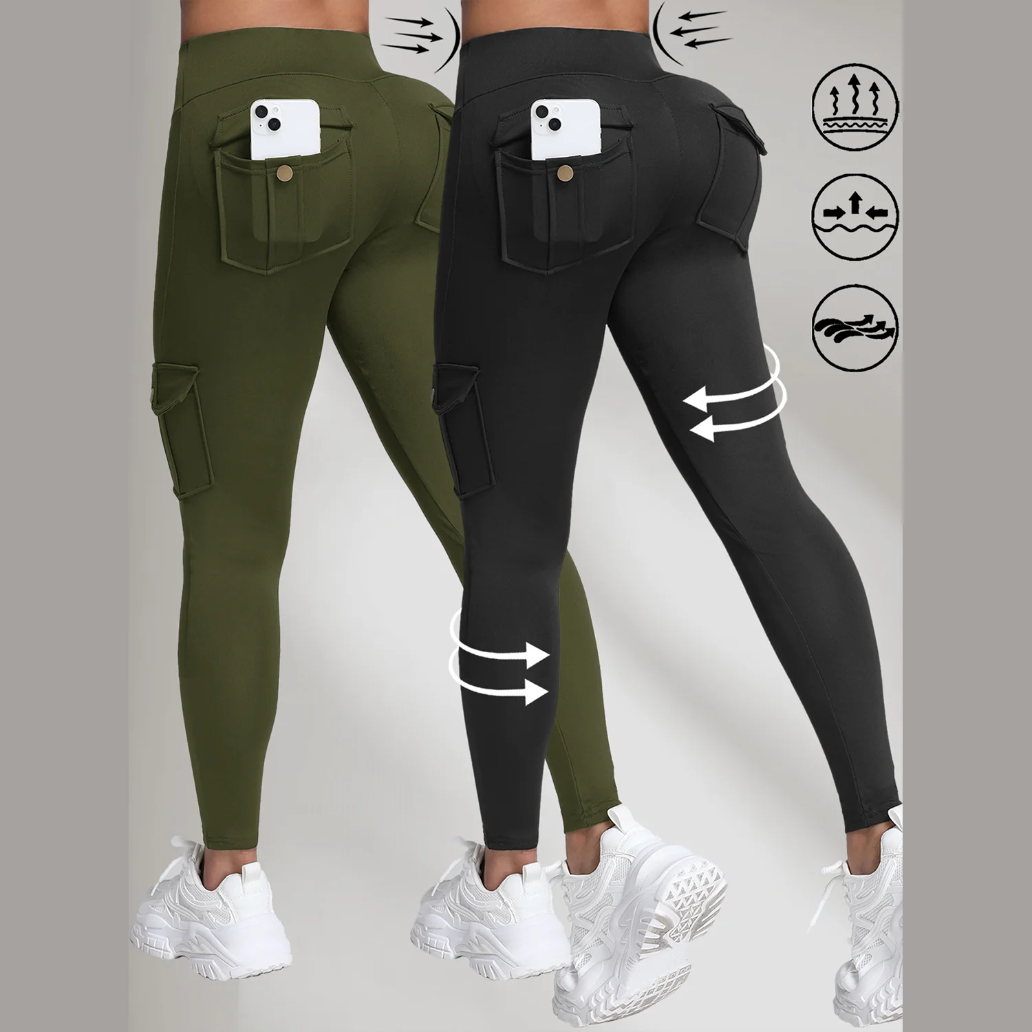 2PCS High Waist Lift Hip Pockets Woman Leggings Fitness Skinny Stretch Solid Color Sport Pants Daily Outdoors Running Leggings