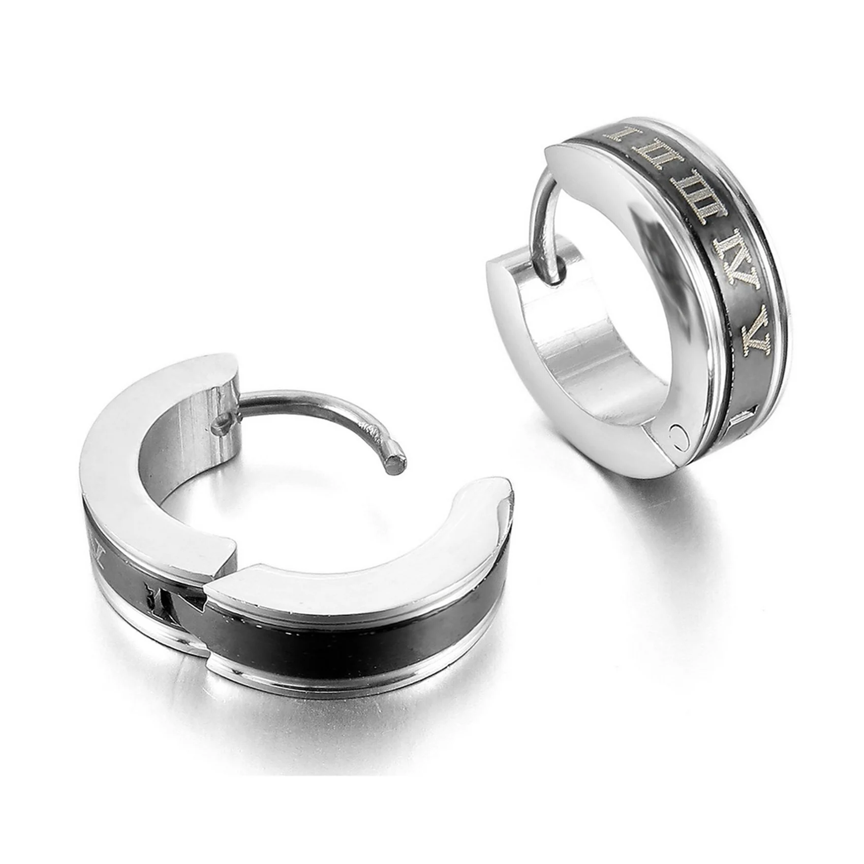 Hot kf-4X Stainless Steel Stud Plugs Hoop Earrings Ear Studs Black Silver Color Roman Numerals Classic Polished Men, Women