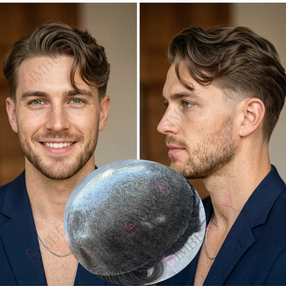 Black Human Hair #6 #4 Brown Gray Blonde Mens Toupee Strongest Undetectable Poly Skin Silicon Hair Replacement Natural Hairline