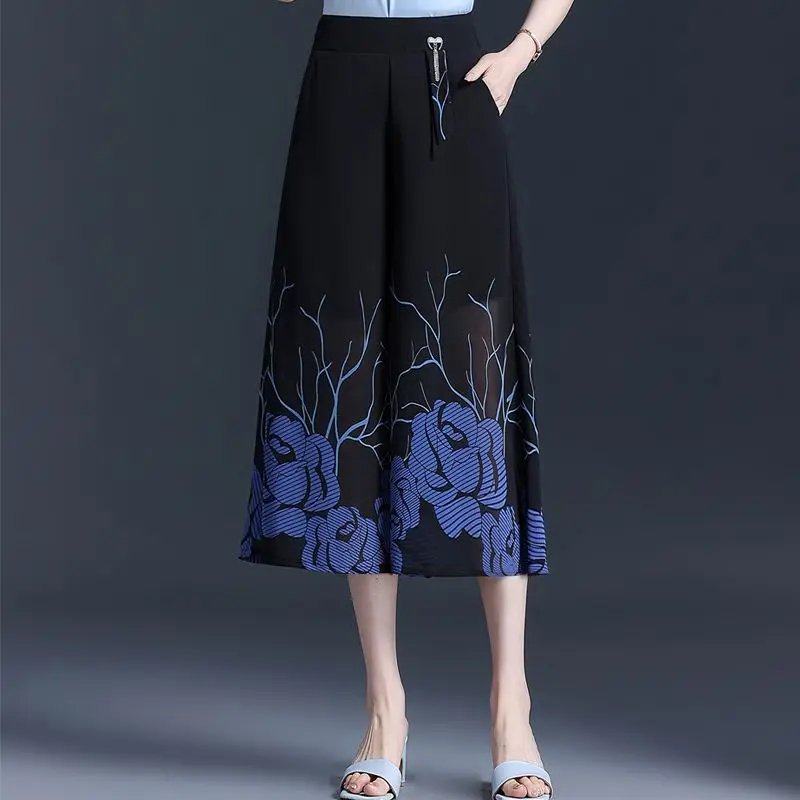 Chiffon kuitlengte broek zomer dunne hoge taille losse casual afdrukken wijde pijpen broek dameskleding all-match zakbroek