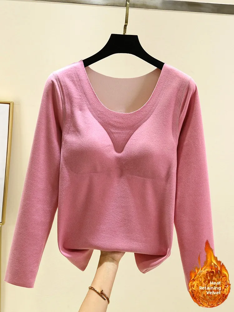 Thickened Long Sleeve round Neck Thermal Shirt Women's Warmth Inner Wear Fleece Lined Dervo Coat Large Size Autumn Top