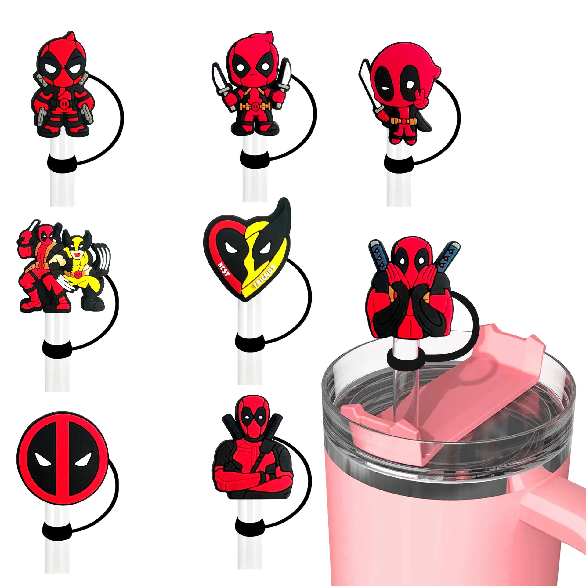 

Cartoon Deadpools Straw Cap Food Grade Silicone Straw Cover 10mm Straw Dust Jacket Water Cup Accessories Decoration Kids Toys