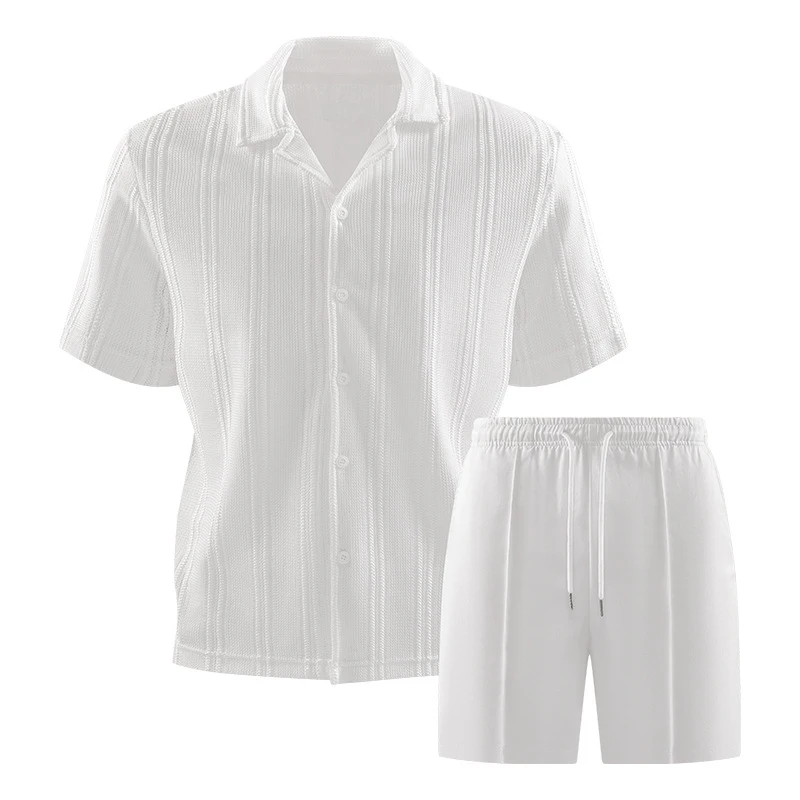 Summer Men Hollow Out Streetwear Two Piece Set, Breathable Casual Short Sleeve Shirt and Elastic Beach Vacation Shorts Suit