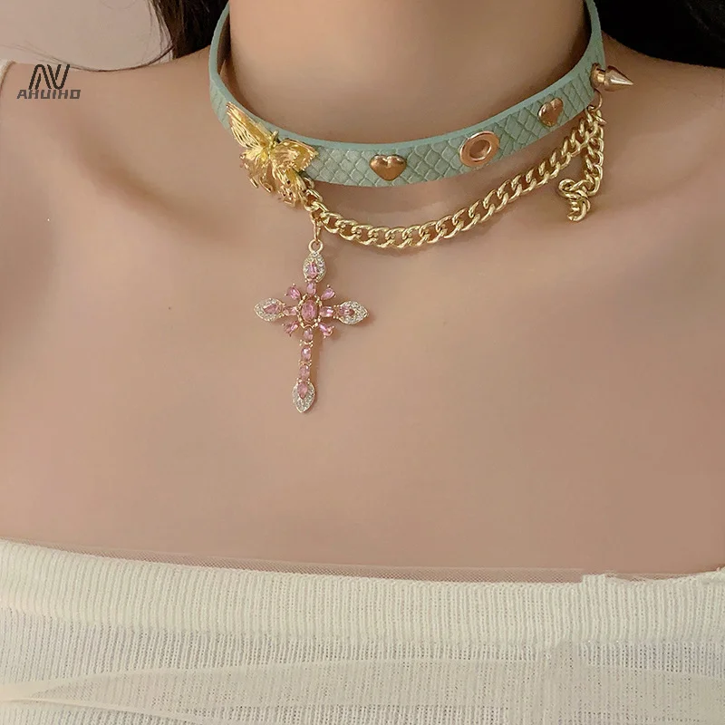 Fashion Collar Premium Sweet Green Butterfly Necklace Niche Design Personality Temperament Cross Tassel Clavicle Chain Gifts