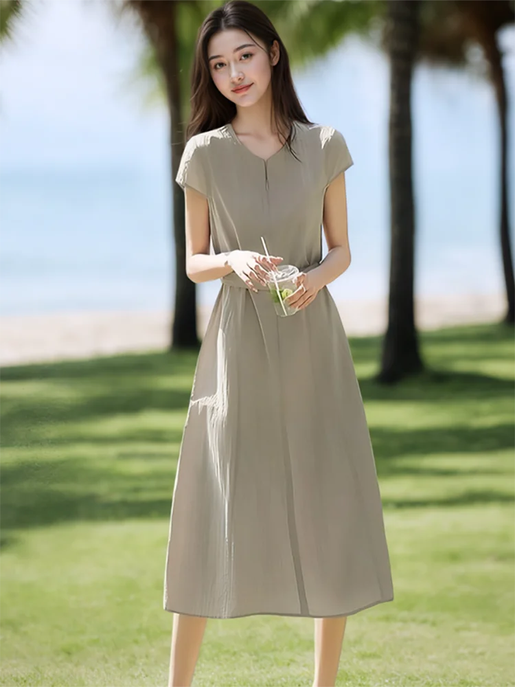 

Summer Solid Short Sleeve O-Neck Midi Dress Women Elegant Bandage Bodycon Home Dress 2025 Korean Fashion Chic Festival Vestidos