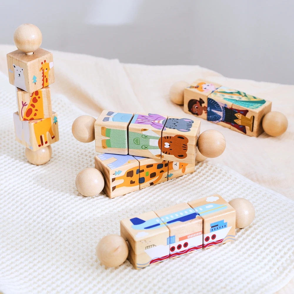 Wooden Baby Rattle 360 Degree Rotation Puzzle Toy Four Shapes Montessori Early Education Toy Sensory Training Solid Wood Smooth