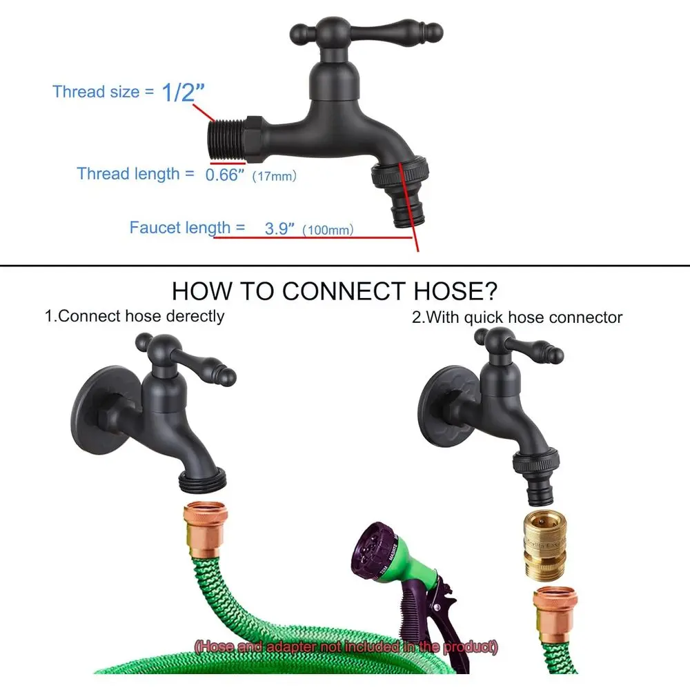 Outdoor Wall-Mounted Hose Faucet for Garden, Basin, and Sink - Brass Tap with Black Finish