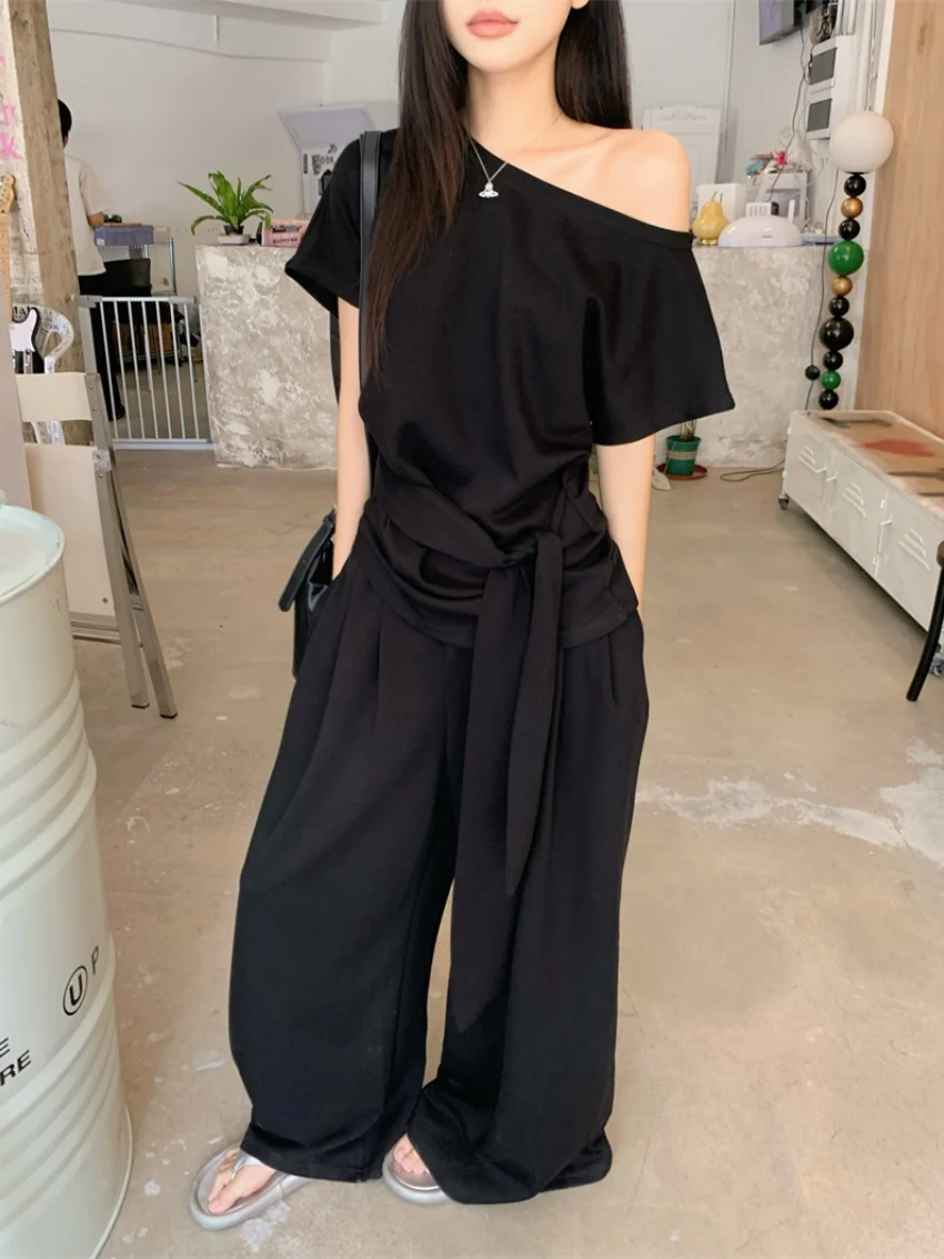 

Alien Kitty Office Lady Women Suits Summer Elegant Solid Daily 2025 Mujer Skew Collar T-Shirts Chic Wide Leg Loose Pants